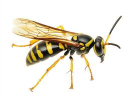Yellow and black wasp insect resting on a white surface photo