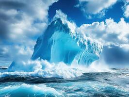 Majestic iceberg towering over roaring ocean waves in sunlight photo