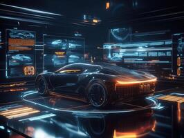 Futuristic racing car displayed in a high-tech environment photo