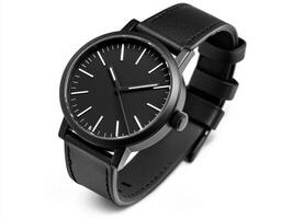 Sleek black watch with leather strap displayed on a neutral background photo