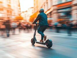 Scooter rider navigating a busy urban street during sunset photo