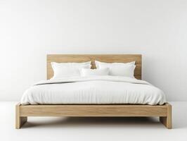 Modern wooden bed with white bedding in a minimalistic bedroom photo