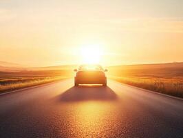 Sunset road trip with a car driving towards the horizon photo