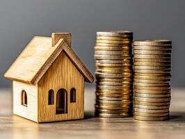 Model house next to stacks of coins on wooden table photo