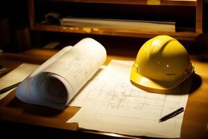 Construction plans and safety gear on a desk in an office photo