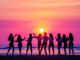 Friends enjoying a sunset beach gathering with drinks in hand photo