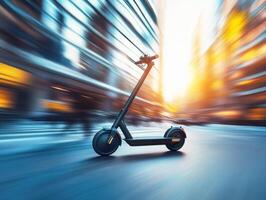 Electric scooter rides through a busy urban street at sunset photo
