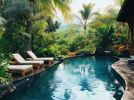 Luxurious poolside retreat surrounded by tropical greenery photo