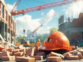 Construction site with orange helmet on bricks in sunny weather photo