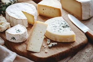 Selection of assorted cheeses displayed on wooden board photo