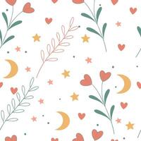 Seamless Boho Floral Celestial Pattern Mystical Moon and Starry Botanical Design vector
