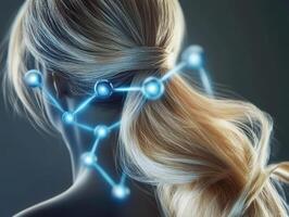 Digital art of a woman with glowing hair and molecular structure photo