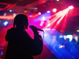 Silhouette of a singer performing in vibrant club lighting photo