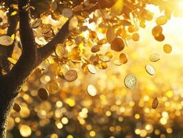 Coins falling from a tree surrounded by golden sunlight photo