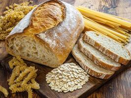 Fresh baked bread and pasta with oats on wooden board photo
