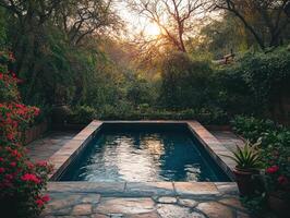 Relaxing poolside retreat at sunset in a lush garden setting photo