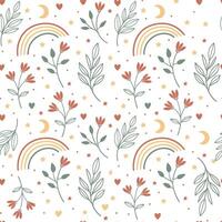 Boho Seamless Pattern with Rainbows, Flowers, and Leaves vector