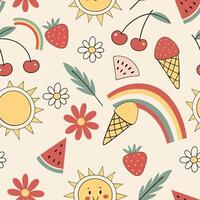 Seamless Summer Pattern with Fruits, Ice Cream, Sun, Rainbows Playful Hand-Drawn Design vector