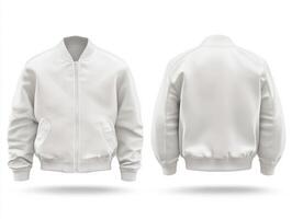 Stylish white bomber jacket in front and back view for fashion display photo