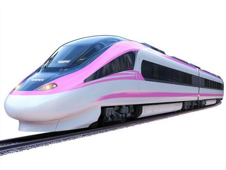 High-speed train with a sleek design traveling on tracks photo