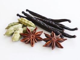 Exotic spices on a clean surface with vibrant colors and textures photo