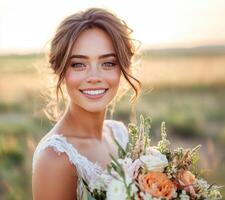 Beautiful bride smiling in a sunlit outdoor setting with flowers photo