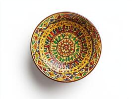 Colorful handcrafted bowl with intricate designs on a plain background photo