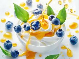 Creamy yogurt topped with blueberries and honey drizzle photo