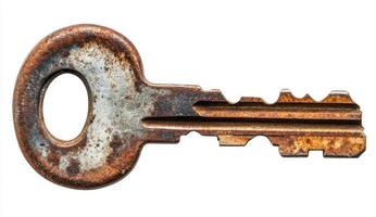 Rusty key with unique design resting on a white surface photo