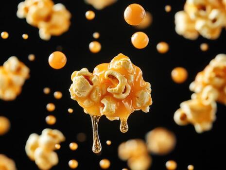 Popcorn drizzled with caramel against dark background photo