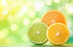 Bright citrus slices arranged with a blurred green background photo