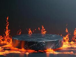 Floating black marble platform above swirling flames photo
