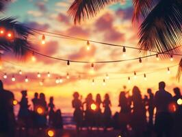 Sunset gathering with string lights and silhouettes on the beach photo