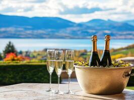 Celebration with champagne in a scenic outdoor setting by the lake photo