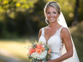 Bride smiling in elegant white dress with bouquet in a sunny park photo