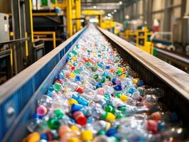 Bottles on conveyor belt in recycling facility during daylight hours photo