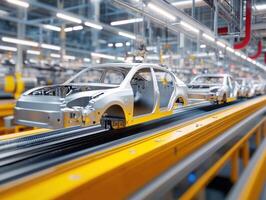 Production line showcases assembly of automobile frames in factory photo