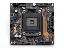 Motherboard with processor socket and electronic components in detail photo