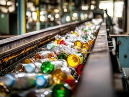 Recycling facility with sorting line for plastic bottles in action photo