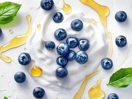 Fresh blueberries and honey drizzled on creamy yogurt photo