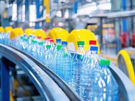 Water bottles being processed on a factory production line photo