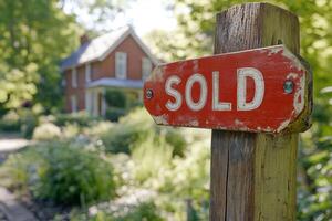 Sold sign in front of charming home with lush garden photo