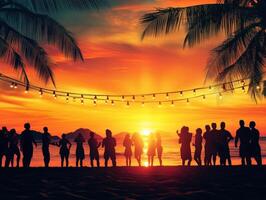Sunset gathering at the beach with friends enjoying the evening photo