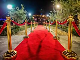 Elegant red carpet pathway leading to a glamorous event venue photo