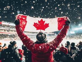 During a snowy outdoor game, a fan in a red jacket proudly holds a Canadian flag high. Passionate supporters surround, creating an energetic atmosphere at the event photo