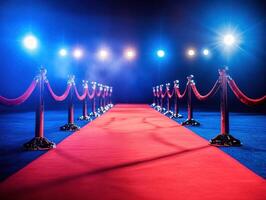Red carpet event illuminated by vibrant spotlights in a dark venue photo