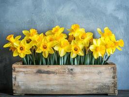 Bright yellow daffodils in a rustic wooden box on display photo