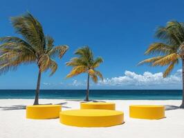 Bright yellow seating on a sunny beach with palm trees photo