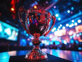 Trophy stands prominently in an esports arena during a tournament photo