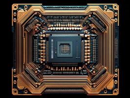 Detailed view of a complex microchip with intricate circuitry photo